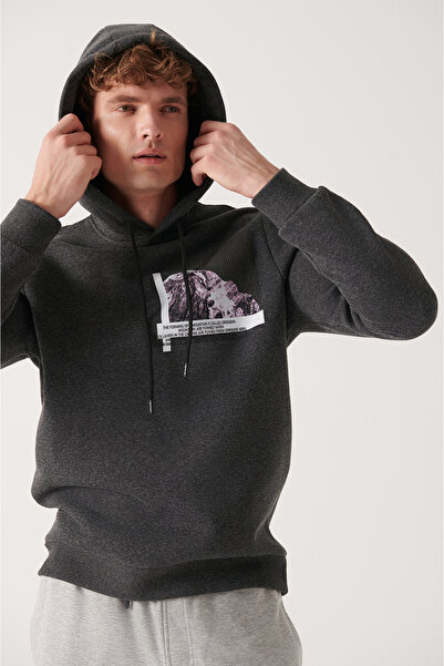 Avva Erkek Antrasit Kapüşonlu 3 İplik Şardonlu Baskılı Sweatshirt A22Y1250