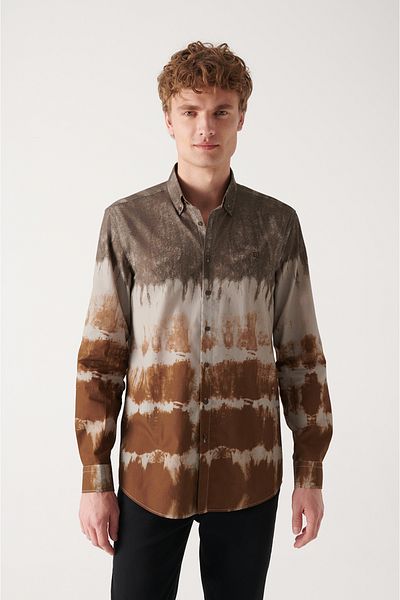 Avva Men's Brown Printed Button Collar 100% Cotton Shirt A22Y2070