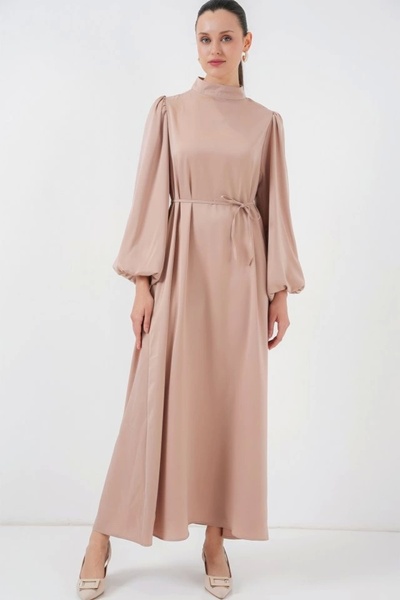 Merterium 2510 Satin Hijab Evening Dress - Biscuit