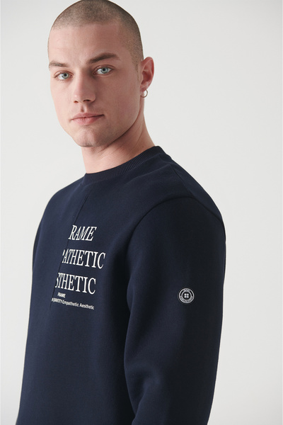 Avva Ανδρικό φούτερ με στάμπα με 3 κλωστές Navy Blue Crew Neck A22y1106