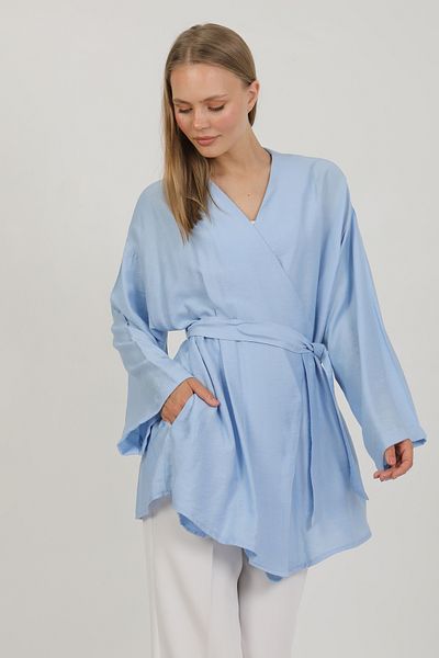 PASTELASTORE Kimono de damă din țesătură naturală de viscoză, cu buzunare și curea 1168 – fără guler, ușor, drapat, model de vară