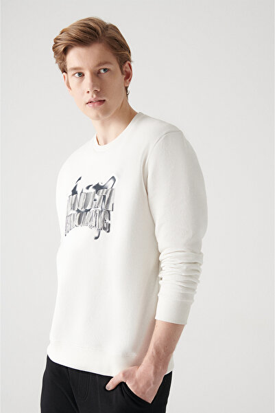 Avva Men's White Crew Neck 3 Thread Ribbed Printed Sweatshirt A22Y1243