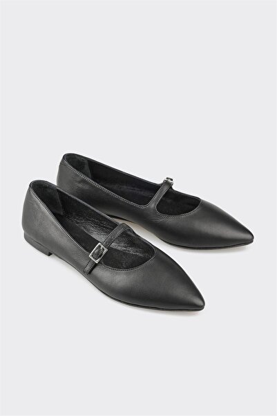 Elle Shoes Black Leather Women's Ballerinas