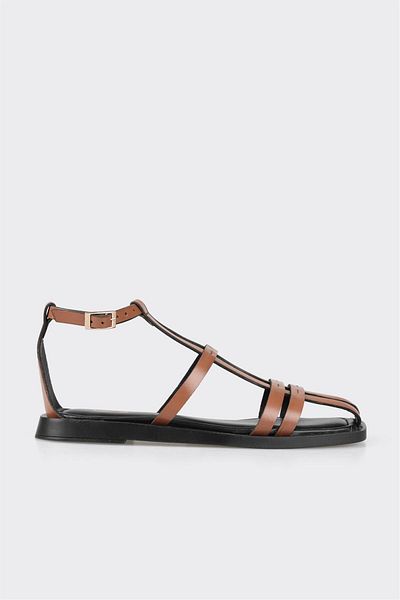 Elle Shoes Brown Leather Women's Flat Sandals