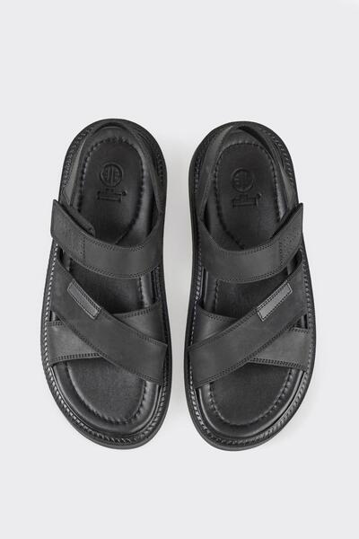 Elle Shoes Black Leather Men's Sandals