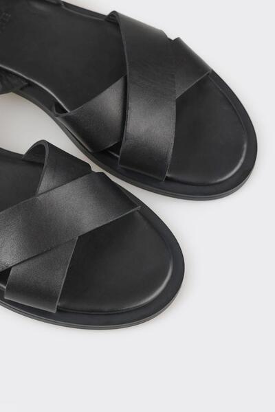 Elle Shoes Black Leather Women's Flat Sandals