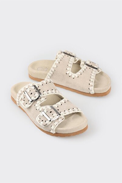 Elle Shoes Bej Deri Kadın Düz Terlik