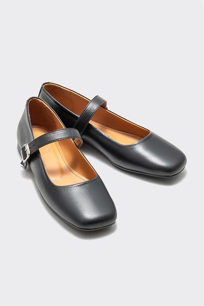 Elle Shoes Black Leather Women's Ballerinas