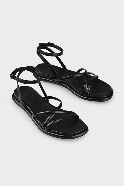 Elle Shoes Black Leather Women's Flat Sandals