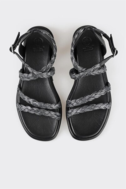 Elle Shoes Black Leather Women's Flat Sandals