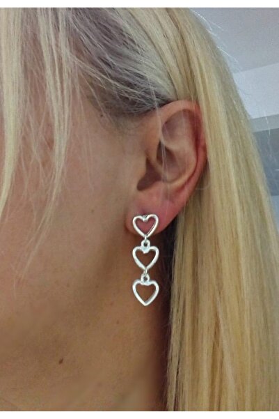 mos&more Gümüş Üç Sıralı Kalp Hafif  Kadın Küpe