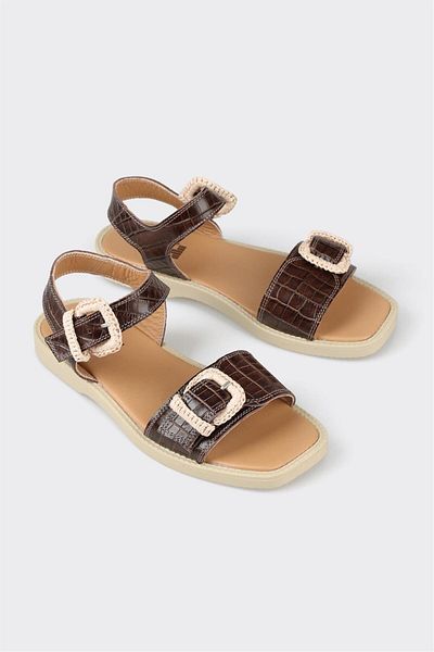 Elle Shoes Brown Leather Women's Flat Sandals