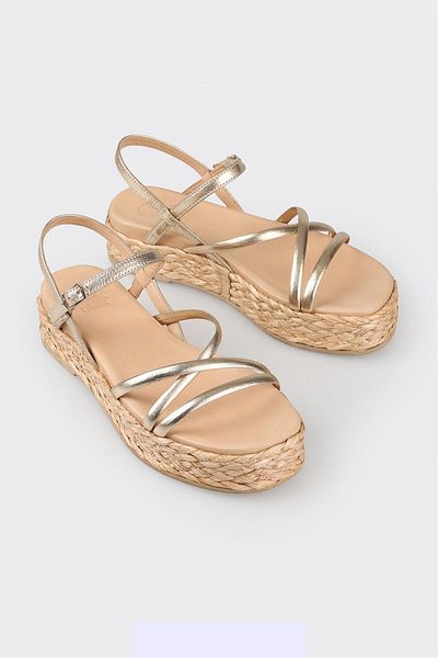 Elle Shoes Gold Leather Women's Wedge Heel Sandals