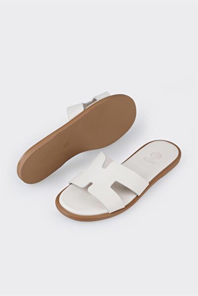 Elle Shoes Ekru Deri Kadın Düz Terlik