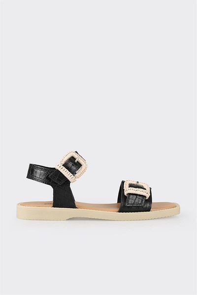 Elle Shoes Black Leather Women's Flat Sandals