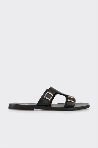 Elle Shoes Black Leather Women's Flat Slippers