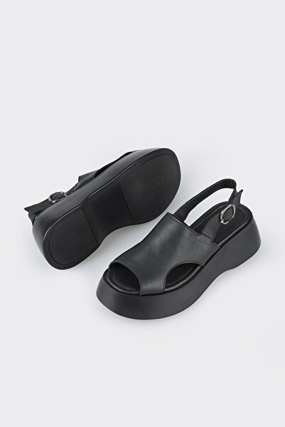 Elle Shoes Black Leather Women's Wedge Heel Sandals