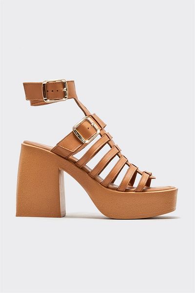 Elle Shoes Tan Leather Women's Heeled Sandals