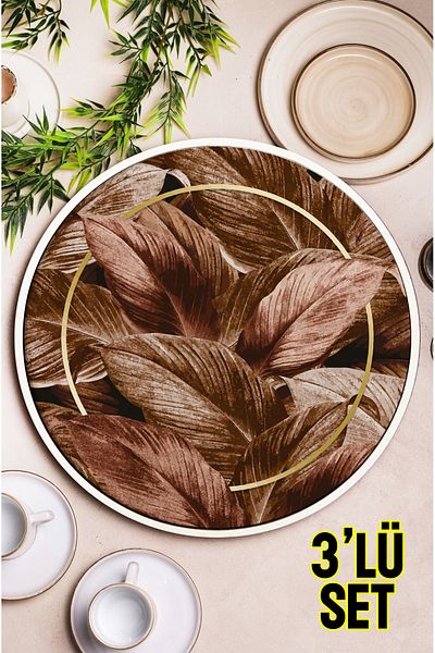 kutuTR طقم صينية مستديرة من خشب ام دي اف 3 قطع بنمط أوراق استوائية – 24 سم M5