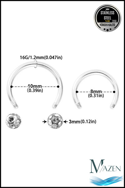 MAZEN Kristal Taşlı Akrilik Kaplamalı Kararmaz Cerrahi Çelik Nal Piercing ( Beden Seçenekli)