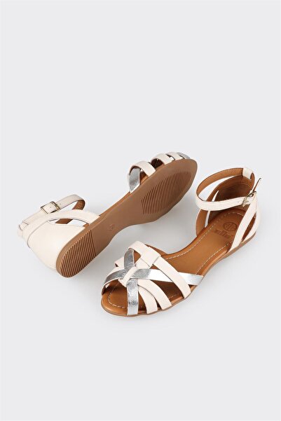 Elle Shoes Ecru Leather Women's Flat Sandals