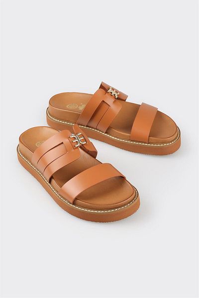 Elle Shoes Tan Leather Women's Slippers