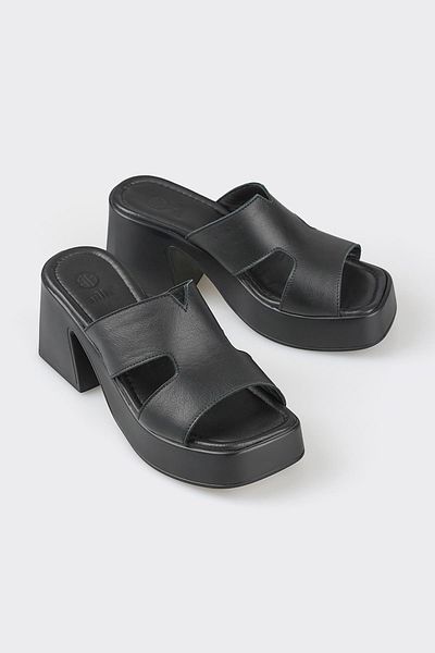Elle Shoes Black Leather Women's Heeled Slippers