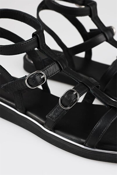 Elle Shoes Black Leather Women's Flat Sandals