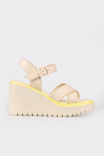 Elle Shoes Ecru Leather Women's Wedge Heel Sandals