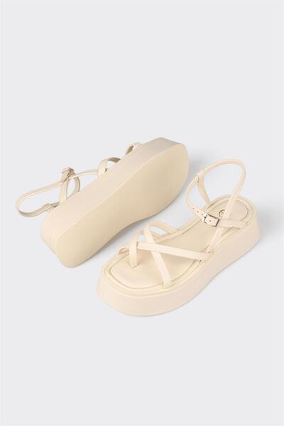 Elle Shoes Beige Leather Women's Wedge Heel Sandals