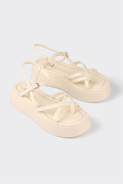 Elle Shoes Beige Leather Women's Wedge Heel Sandals