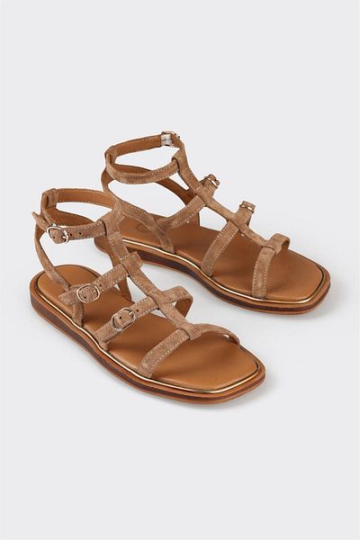 Elle Shoes صندل نسائي مسطح من الجلد باللون البني