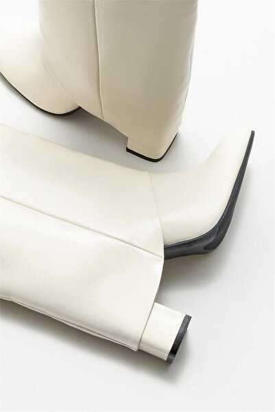 Elle Shoes Ecru Leather Women's Heeled Boots