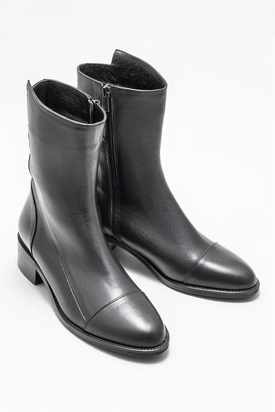 Elle Shoes Μαύρες Δερμάτινες Γυναικείες Flat Μποτάκια
