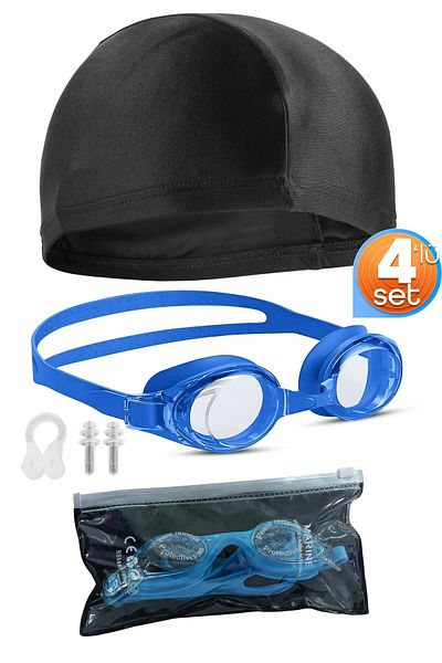 Ozsport طقم سباحة أزرق مكون من 4 قطع - قماش على شكل عظمة، مع سدادات للأذن والأنف، ونظارات حمام السباحة والبحر