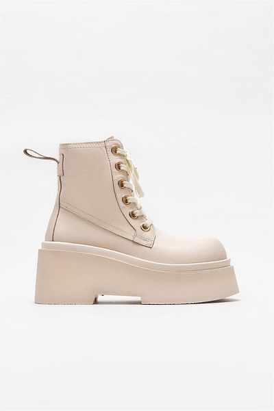 Elle Shoes Beige Leather Women's Heeled Boots