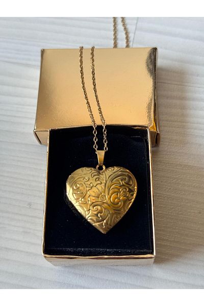İYİ MODA Flower Patterned Steel Necklace with Opening Inside |   Heart Necklace with Picture Placed Cover |   Gift Necklace for Lover