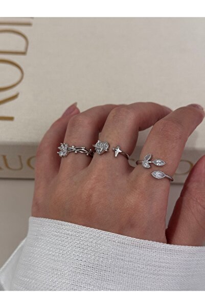 LEROSY CO. طقم خواتم ثلاثية قابلة للتعديل باللون الفضي – تفاصيل على شكل قلب و...