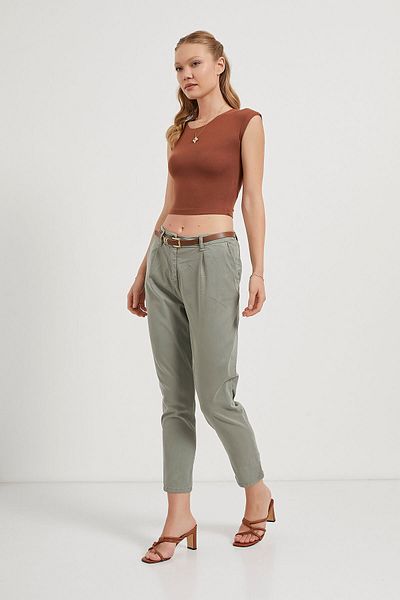 Arma Life Women's Belted Basic High Waist Khaki Carrot Pants