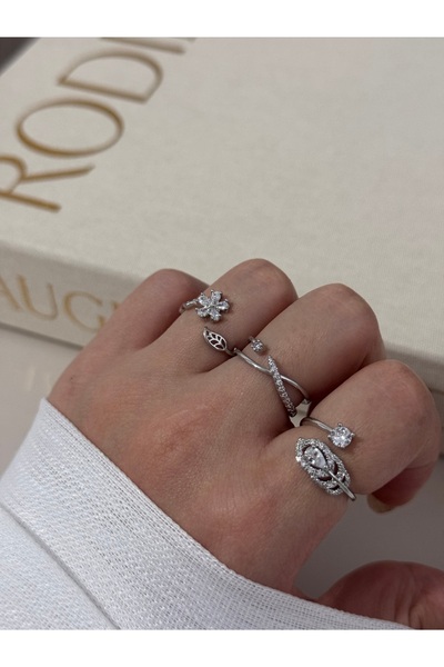 LEROSY CO. مجموعة خواتم ثلاثية قابلة للتعديل باللون الفضي - تصميم أنيق مرصع ب...