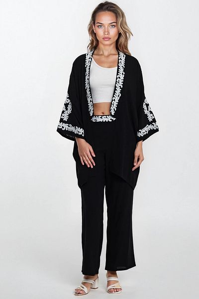 VAGGON Kimono brodat și pantaloni kimono cu talie elastică Set de sus și de jos de mărime mare