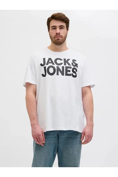 Jack & Jones Ανδρικό μπλουζάκι με στάμπα λευκό Crew λαιμόκοψη Plus Size