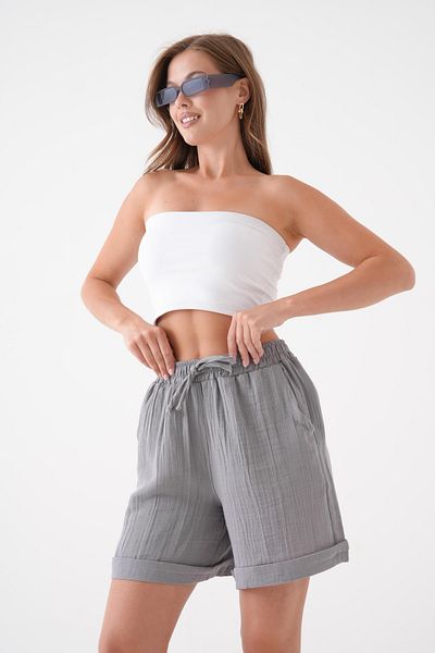 Butik Women's 100% Cotton Gray Muslin Shorts with Elastic Waist and Double Pockets Mg2025
