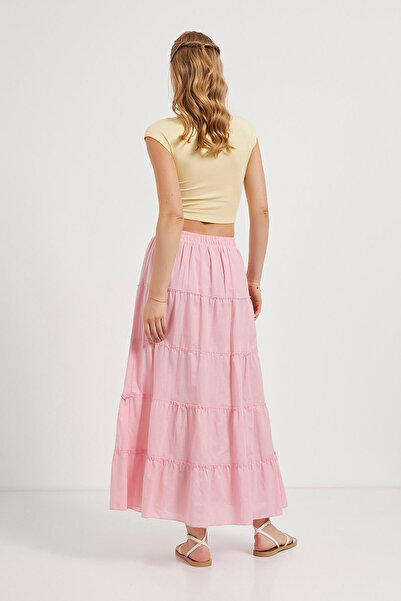 Arma Life Women's Elastic Waist Partially Flared Pink Long Skirt