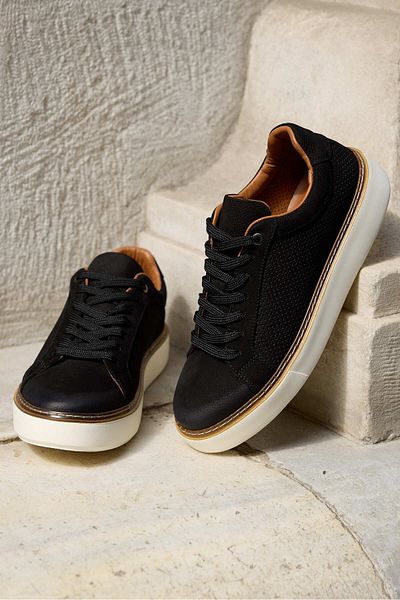 Vantaggio Luzero Black Nubuck 100% Genuine Leather Perforated Men's Sneaker Shoes