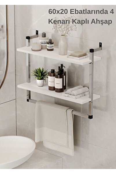 Euromob 60x20 cm Banyo Rafı Duvara Monte Havluluk 2 Katlı Dekoratif Düzenleyici Organizer Krom Metal