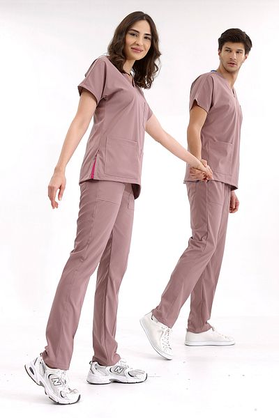 ÇİZGİ MEDİKAL Dusty Rose Luxury Lycra Greys Partea de jos Set de top Uniforma pentru Scrubs Doctor Nurse
