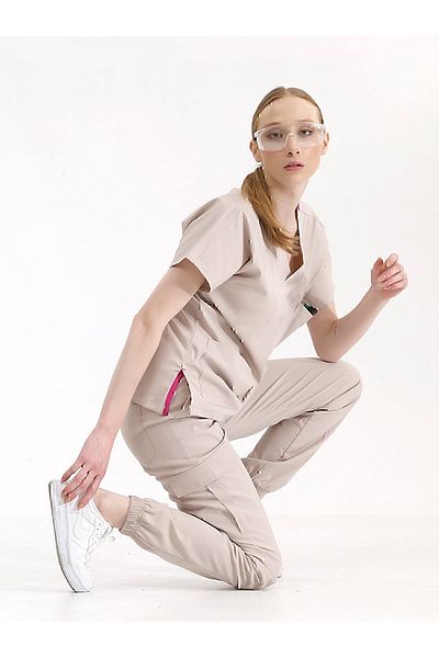 ÇİZGİ MEDİKAL Scrubs Jogger de înaltă calitate Lycra Cream Color - Set uniform de lux