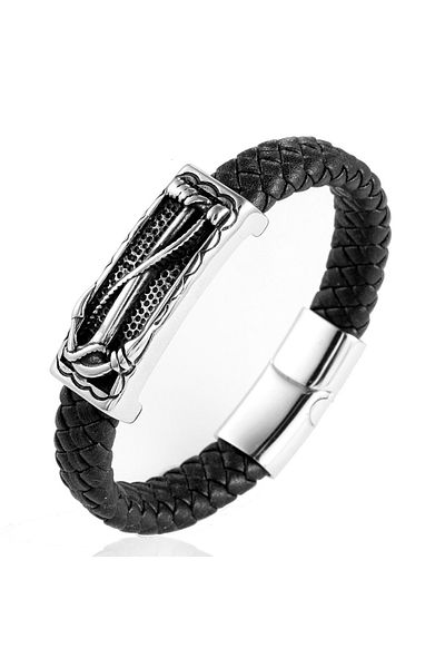 Generic Men's Genuine Leather Bracelet Black Color Magnetic Buckle Braided Bracelet