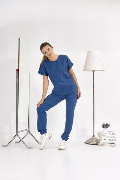 ÇİZGİ MEDİKAL Tricou pentru medic asistentă, albastru petrol, de bază, de lux, din lycra